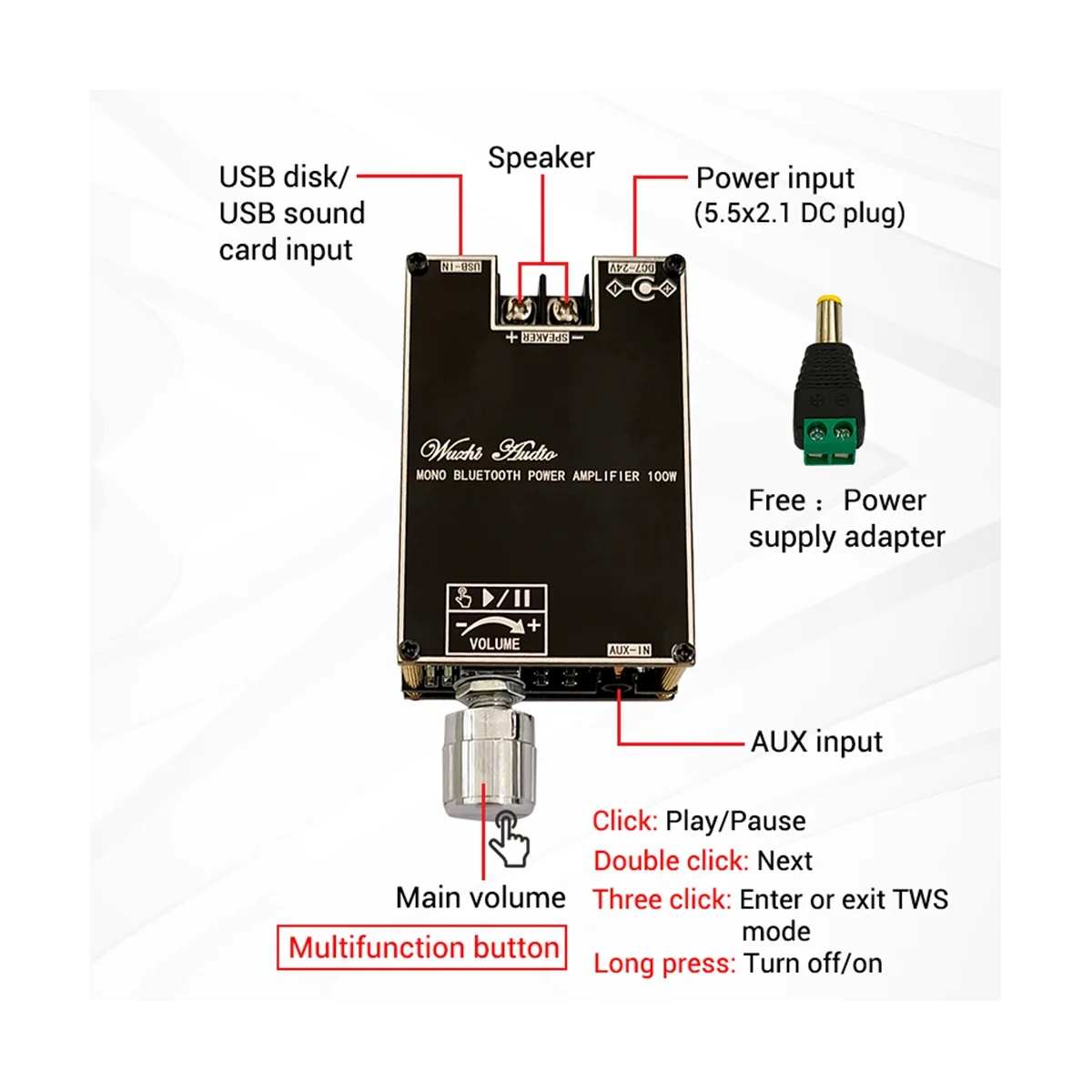 -1001B 100W Mono BT Amplificador de Potência de Áudio do Módulo TWS Verdadeiro sem Fio