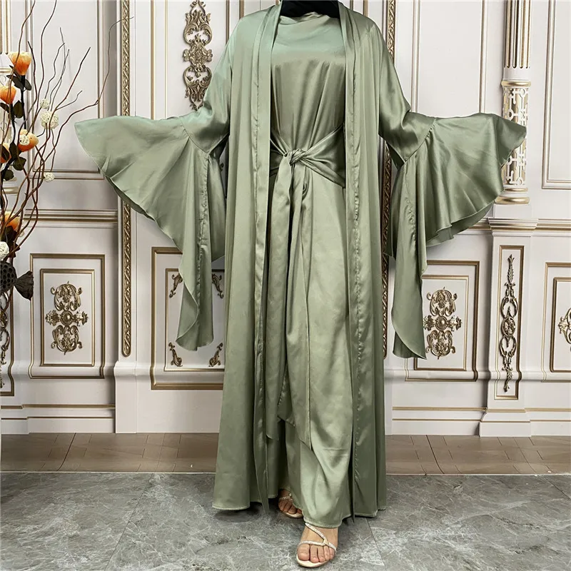 Luxo Cetim Dubai Abaya para as Mulheres Eid Ramadã vestimenta Muçulmana 2023 Novo Grande Vestidos de Manga Longa e Cardigan Define o Islã Roupas